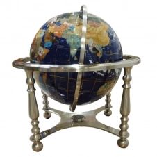 Globe terrestre sur 4 pieds acier en pierres fines bleu lapis