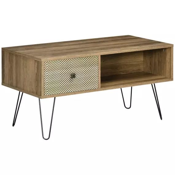 Table basse design industriel graphique – métal noir aspect bois