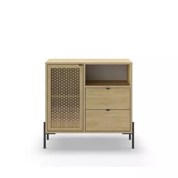 Petit buffet 1 porte, 1 niche, 2 tiroirs décor chêne – L80 cm