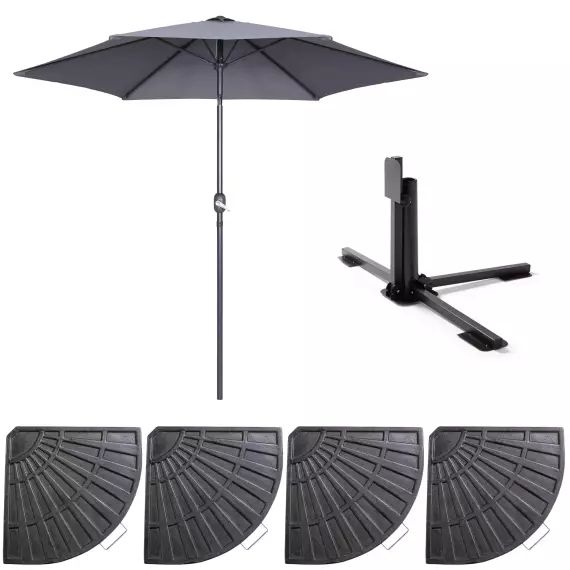 Parasol droit inclinable 3m et 4 dalles lestées aluminium gris