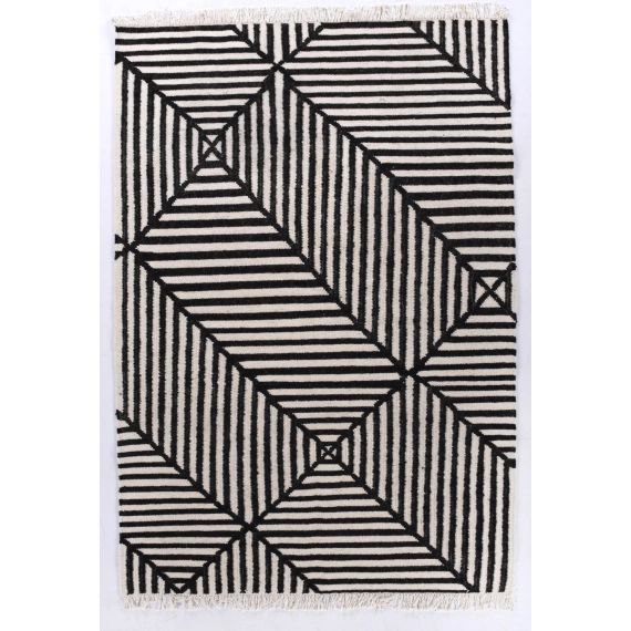 Tapis kelim graphiquement nature en laine noir et blanc 140×200