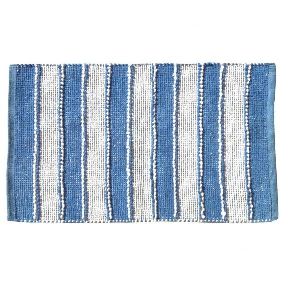 Tapis de bain Ã  rayures verticales coton blanc bleu 80×50