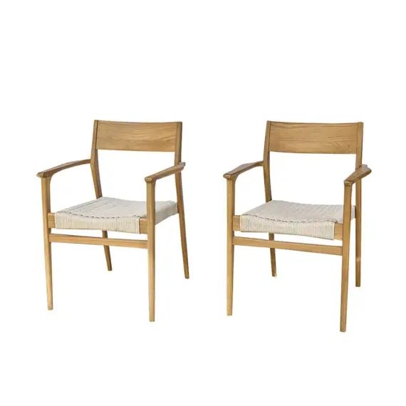 Fauteuil de jardin en teck massif et cordage beige (lot de 2)