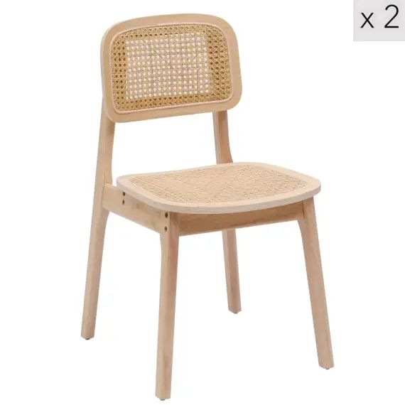 Lot de 2 chaises en bois massif et rotin naturel