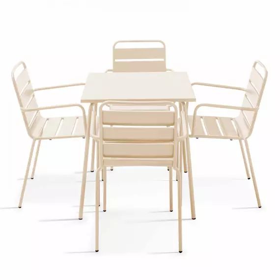 Ensemble table de jardin carrée et 4 fauteuils acier ivoire