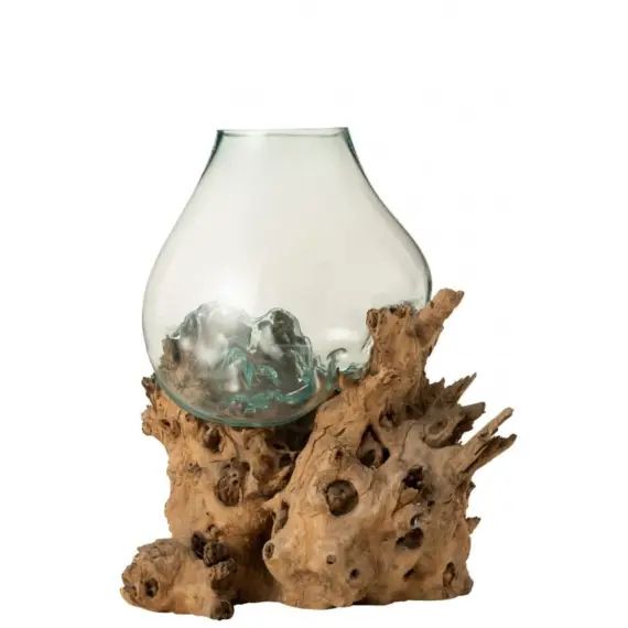 Vase en verre extra large sur pied bois recycle