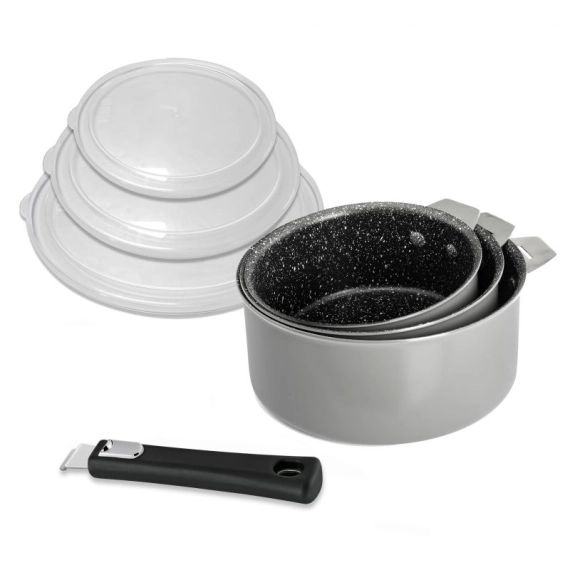 Série 3 Casseroles 16-18-20cm, 3 couvercles et 1 poignée