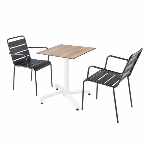 Ensemble table de jardin stratifié chêne clair et 2 fauteuils gris