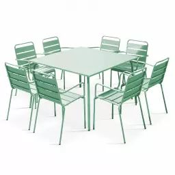 Ensemble table de jardin carrée et 8 fauteuils en métal vert sauge