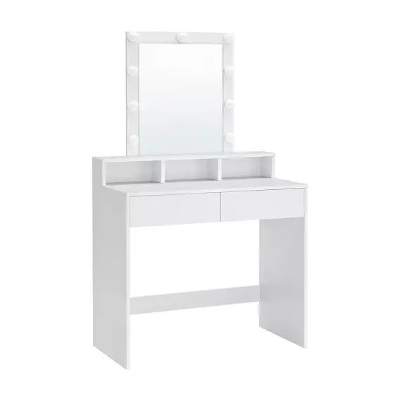 Coiffeuse blanche avec miroir à ampoules et 2 tiroirs – L80 x H145 cm