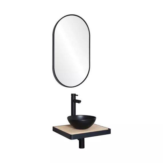 Meuble lave-mains  plan fin p-serviette face vasque noire + rob+miroir