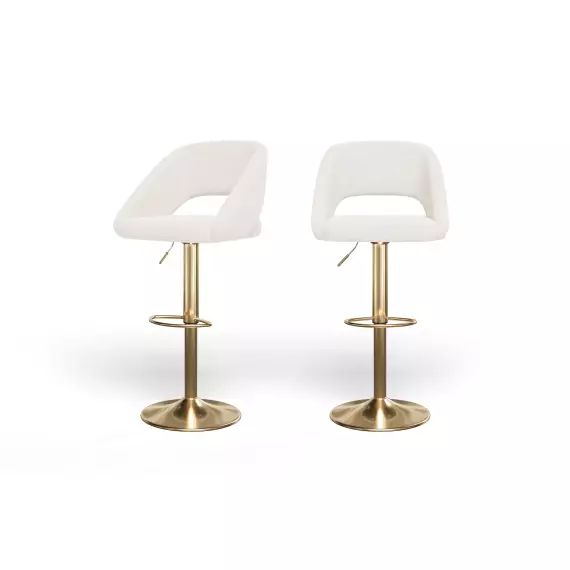 Lot de 2 tabourets de bar en tissu blanc piètement doré