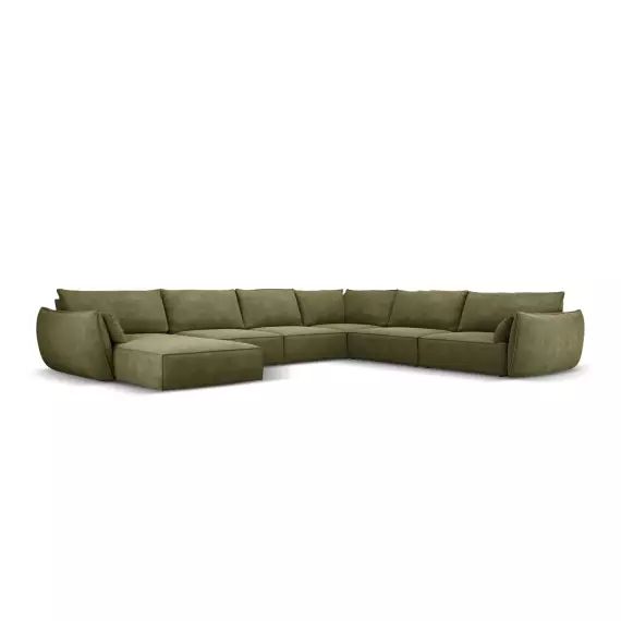 Canapé d’angle droit panoramique 8 places en tissu chenille vert