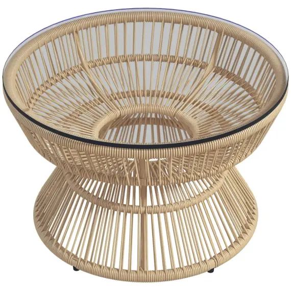 Table basse de jardin ronde résine aspect rotin plateau verre