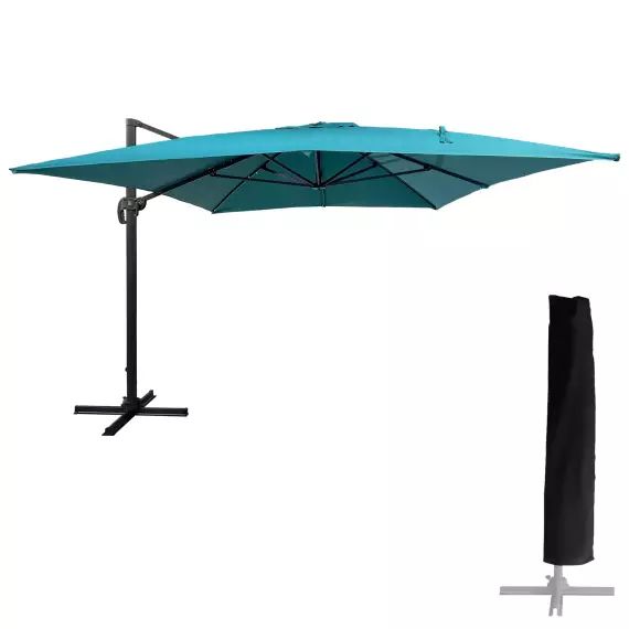 Parasol déporté rectangulaire 3x4m toile bleu avec housse