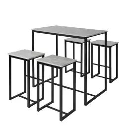Set de 1 table et 4 tabourets de bar effet bois et métal noir