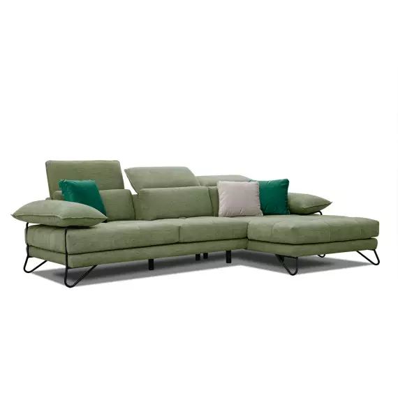 Canapé d’angle droit 4 places en tissu vert avec coussins déco