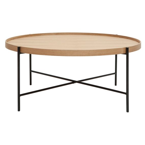 Table basse ronde en bois clair et métal noir D90 cm BASSY