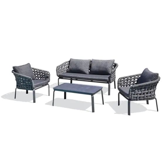 Salon de jardin 4 places en corde tissée et aluminium gris anthracite