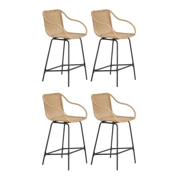 Lot de 4 chaises d&rsquo;îlot en rotin et pieds métal 65 cm