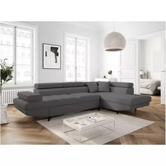 Canapé d’angle convertible RIO Scandinave avec coffre en tissu – Angle Droit, Gris foncé, Pieds – Noir – 271 x 192 x 70/85 cm – Usinestreet