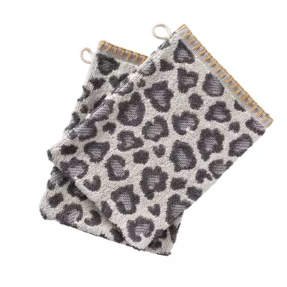 Lot de 2 gants de toilette motif léopard gris 15×22 en coton