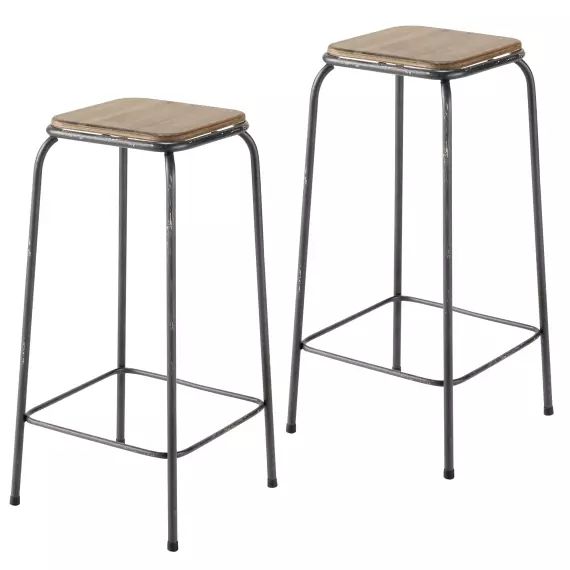 Tabourets de bar en bois de sapin et métal noir (x2) H75