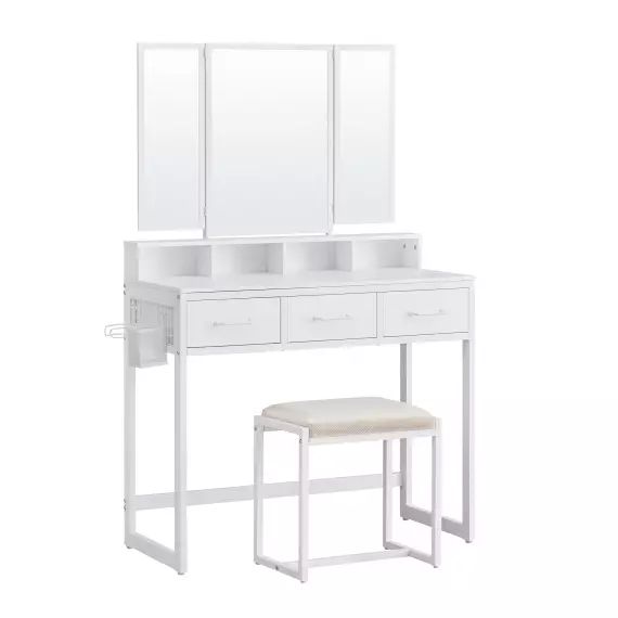 Coiffeuse avec tabouret et triple miroir 3 tiroirs sèche-cheveux blanc