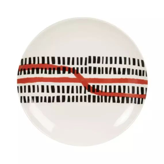 Assiette à dessert en porcelaine blanche motifs graphiques noirs et rouges