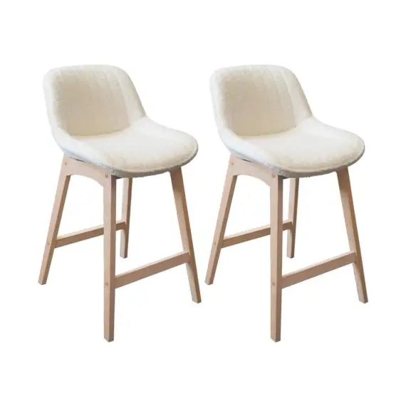 Tabourets de bar 65cm en chêne et assise tissu bouclette  – Lot de 2