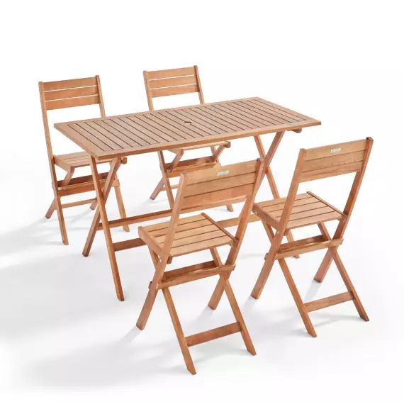 Table rectangulaire pliante et 4 chaises pliantes en bois d’eucalyptus