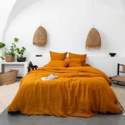 Housse de couette lin et coton lavé  orange 260 x 240 cm