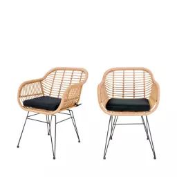 Trieste – Lot de 2 fauteuils indoor/outdoor aspect rotin et métal avec coussin – Couleur – Bois clair