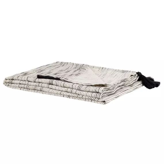 Plaid en coton biologique beige et noir à pompons 130×170