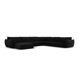 Canapé d’angle droit panoramique 8 places en tissu velours noir