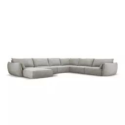 Canapé d’angle droit panoramique 8 places en tissu chenille gris clair
