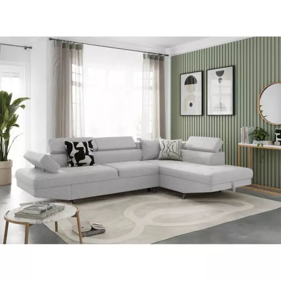 Canapé d’angle RIO Convertible avec coffre en tissu – Angle Droit, Gris perle – 271 x 192 x 85 cm – Usinestreet