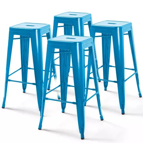 Lot de 4 tabourets de bar acier bleu brillant