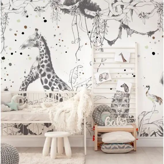 Papier peint enfant panoramique enfant scène girafes – 250×510