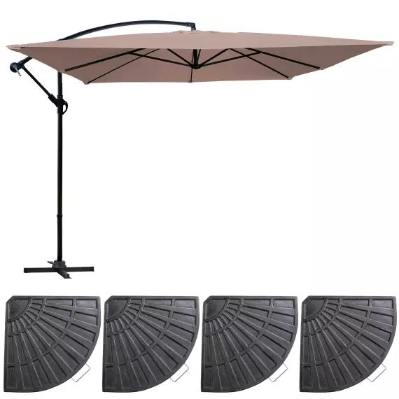 Parasol déporté 3x3m et 4 dalles à lestées aluminium taupe