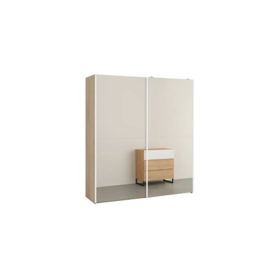 Elso, armoire 180 cm, cadre effet chêne et portes coulissantes miroir