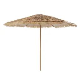 Parasol en métal imitation bois avec franges coloris naturel Paillotte