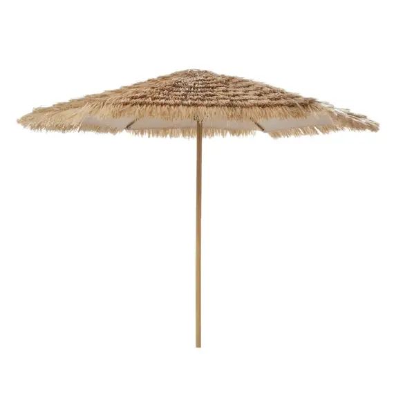 Parasol en métal imitation bois avec franges coloris naturel Paillotte