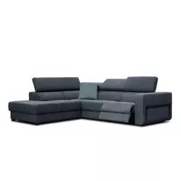 Canapé d’angle gauche 5 places avec relax électrique tissu bleu foncé