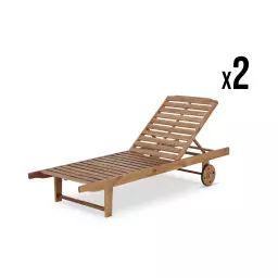 Lot de 2 chaises longues en bois d’acacia avec roues