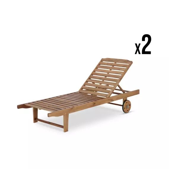 Lot de 2 chaises longues en bois d&rsquo;acacia avec roues