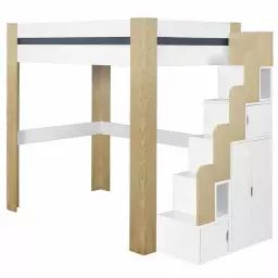 Lit mezzanine 2 places avec escalier, bureau et matelas Alex  Blanc et bois 120×190 cm blanc