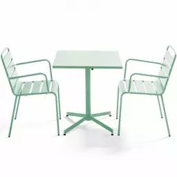 Ensemble table de jardin carrée et 2 fauteuils métal vert sauge