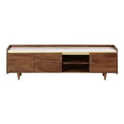 Meuble TV 3 portes en acacia massif et marbre blanc Cappuccino