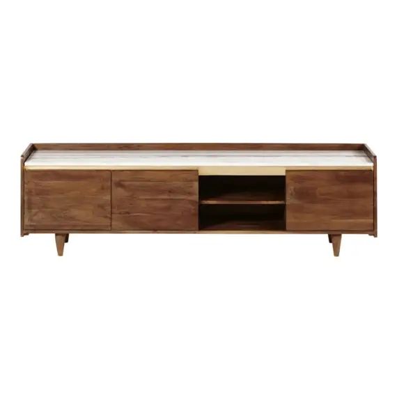 Meuble TV 3 portes en acacia massif et marbre blanc Cappuccino